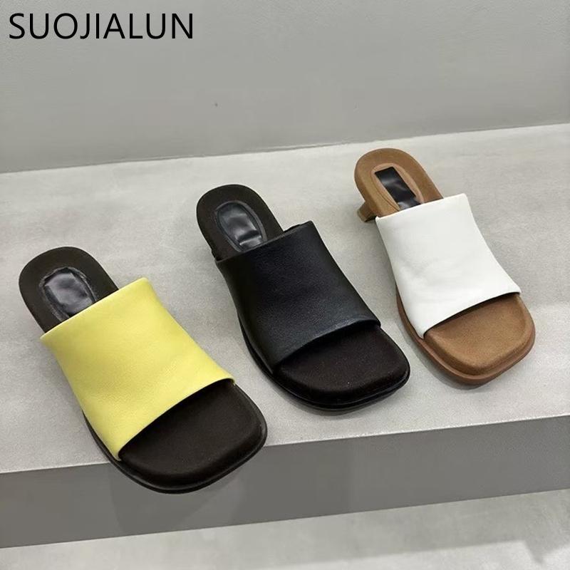 Fashion SUOJIALUN 2025 Summer New Brand Women Slipper Fashion Square Toe Slip On Ladies Elegant Slides Square Med Heel Casual Sandal Sho