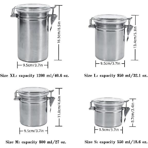 Stainless Steel Canister, Airtight Food Storage Container with Locking Clamp Clear Lids, Food Storage Coffee Beans Canister for Flour Tea Sugar Rice