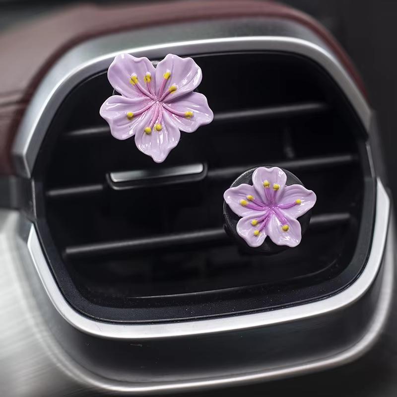 2 Peças Clipe de Perfume para Carro Flor Freshener de Ar para Carro com Saída de Ar Decorações Flor de Pessegueiro Brilhante Flor de Cerejeira roxo