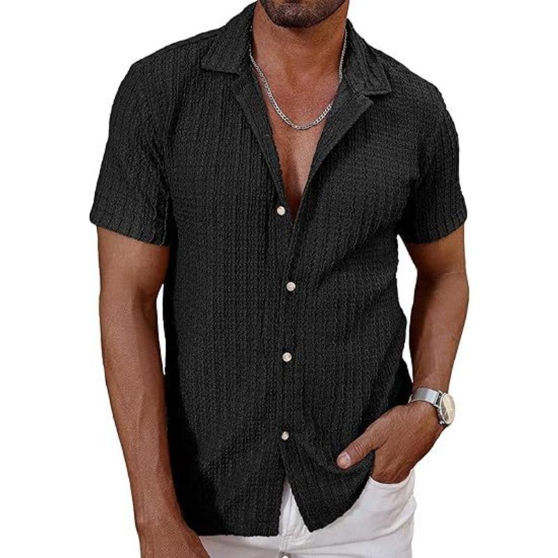 Mens Casual Textured Short Sleeve Cuban Collar Button Up Shirt