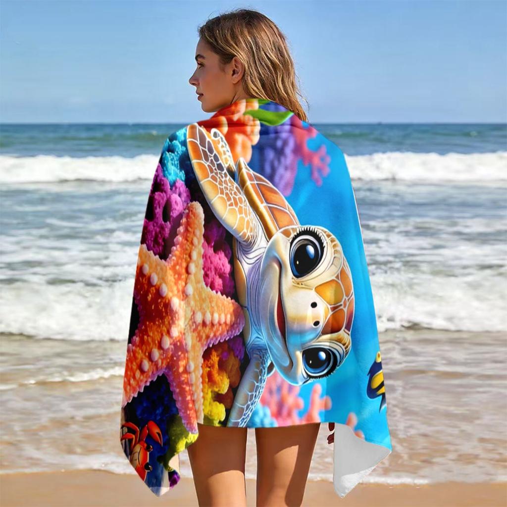 Cute Turtle & Marine Life Print Beach Towel Quick Dry Soft Lightweight Absorbent Portable for Men Women Beach Camping