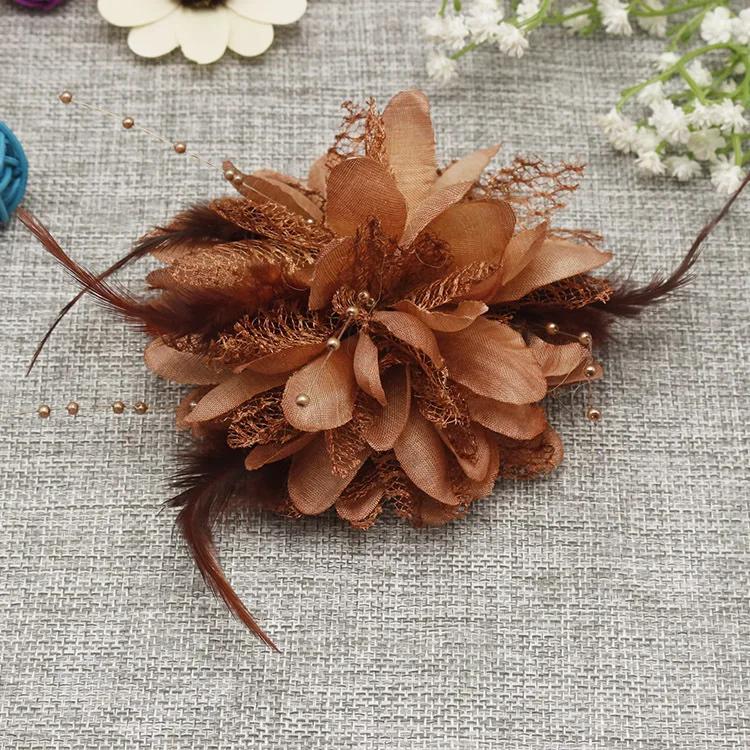 Women's Fashion Flower Feather Bead Corsage Hair Clip Bridal Hairband Brooch Pin Brida Barrettes Hair Mesh Accessories Jewelry