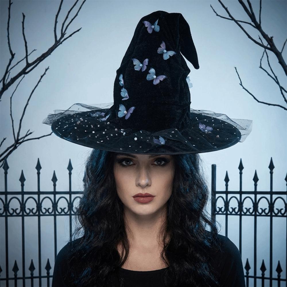 Black Halloween Witch Hat Velvet Halloween Black Cap Butterfly Wizard Cap Halloween Party
