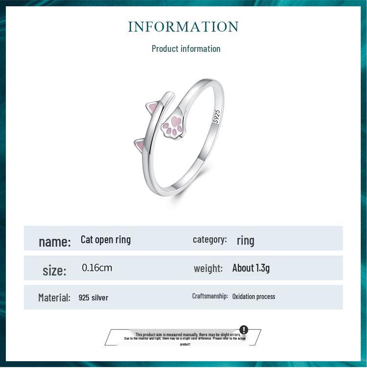 Ziyun S925 Silver Cat Open Ring with Pink Heart and Paw Print Design BSR316