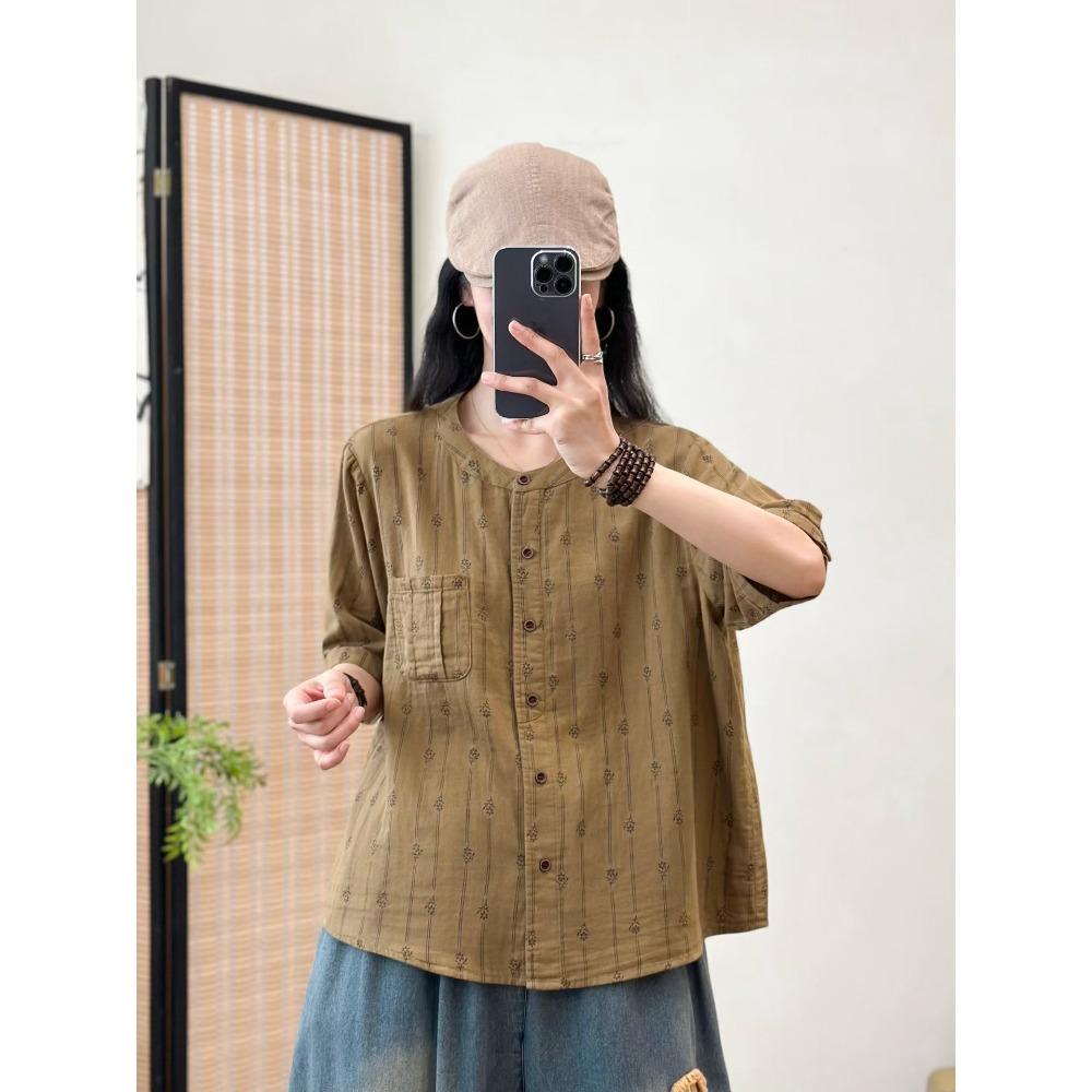 DIMANAF 2026 Plus Size Summer Women Blouse Shirts Tunic Oversize Loose Casual Cotton Linen Lady Tops Vintage Print Floral