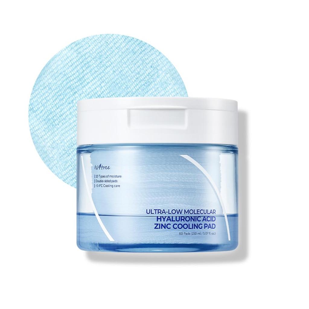 ISNTREE Molecular Weight Hyaluronic Acid Zinc Cooling Pads Soothes Skin Cools and Replenishes Moisture Ultra-Low (60 Pads) / Redness,