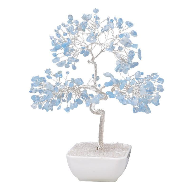 Natural Aquamarine Crystal Tree With Ceramic Base Feng Shui Wealth Ornament Home Decor
