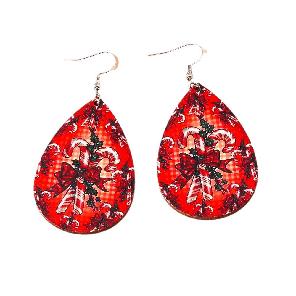 European-American Teardrop Christmas Earrings: Wooden Cartoon Snowman & Reindeer Design