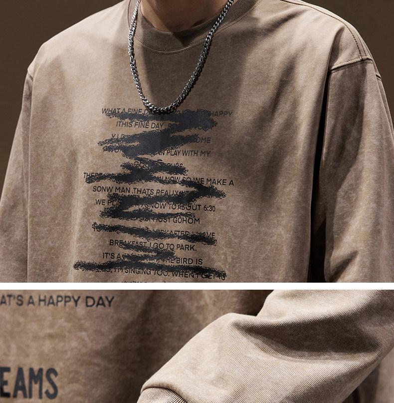 Men's Heavyweight Retro Washed Long-Sleeve T-Shirt - Autumn Edition, Loose Fit, Round Neck, Trendy American Print