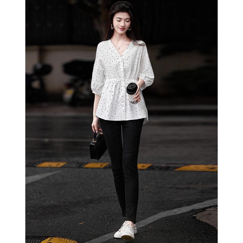 Women's French Style Polka Dot V-Neck Cotton Blouse