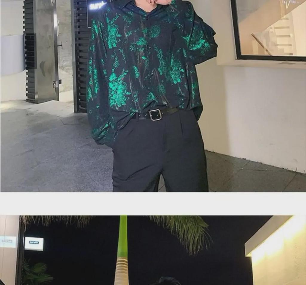 Pánská retro lesklá westernová košile s potiskem růží - Volná, trendy top kadeřníka ve stylu celebrit