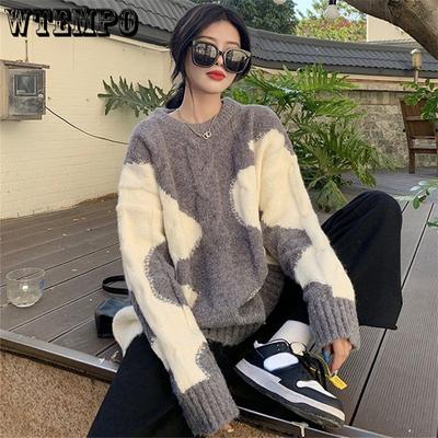 Πουλόβερ Γυναικεία φθινοπωρινά και χειμερινά ρούχα με ρετρό αντίθεση πουλόβερ γκράφιτι Πλεκτά φαρδιά μπλούζα