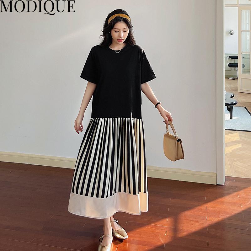 MODIQUE Sommerkleider für Damen in Übergröße, lockere, vielseitige A-Linie, Streifen, Patchwork, plissiertes Baumwoll-T-Shirt, lange Kleider für Damen, lässig, kurzärmelig, O-Ausschnitt
