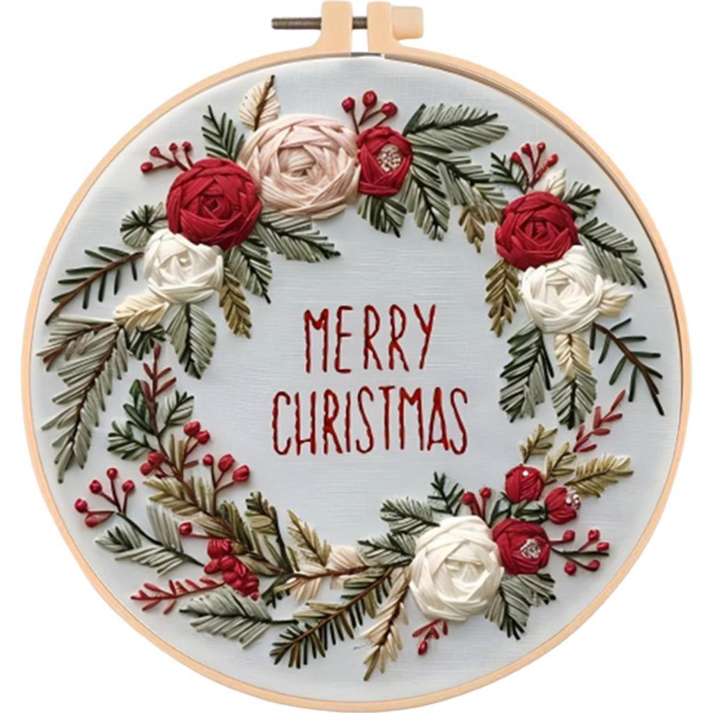 Merry Christmas Handmade Sewing Art Craft Kit with Pattern Cotton Threads Needles Hoop Embroidery Starter Kit for Beginners