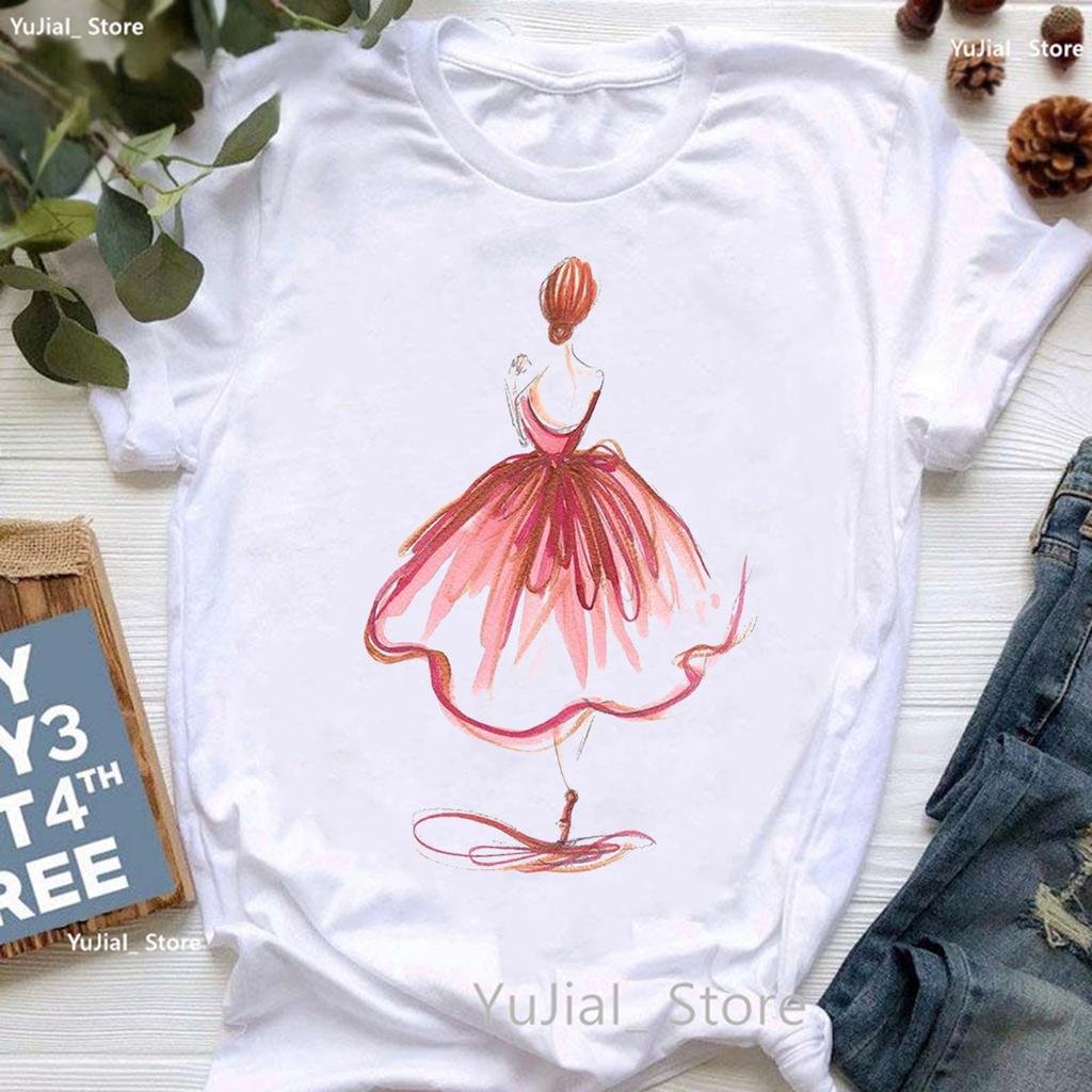 Rainbow Ballet Dancer Print T Shirt Girls Gymnast Lover Tshirt Unisex Watercolor Flowers Tshirt Femme Summer Short Sleeve Tops