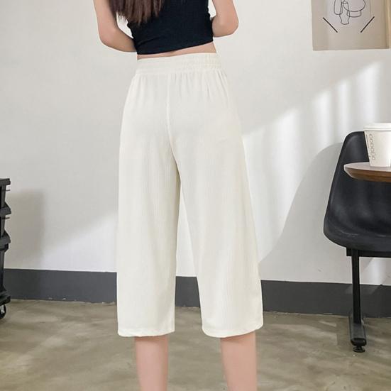 Summer Ice Silk Casual Pants Elastic Waist Pockets Cropped Pants Solid Color Wide Leg