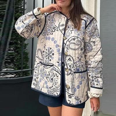 Autumn and Winter Printed Women's Cotton Jacket New Fashion Round Neck Long Sleeved Warm Coat Loose Lightweight Cotton Outerwear