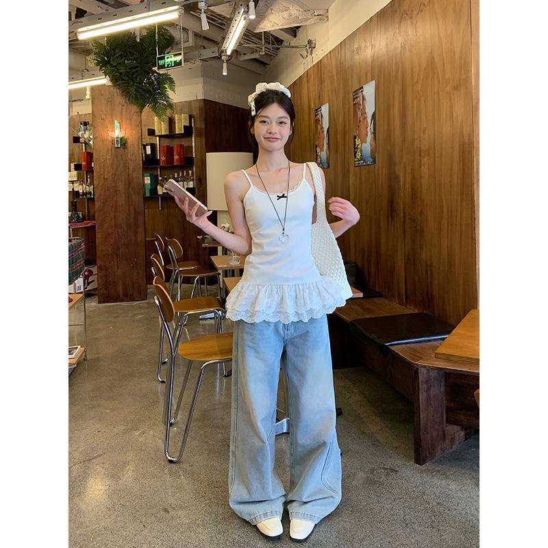 White bow sling vest women's spring lace hem slim fit stacked inside small top