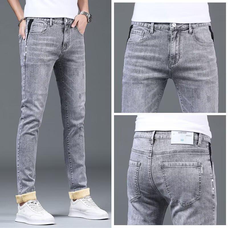Jeans d'hiver pour hommes 2024 Doublés polaire Épaissis Coupe droite ajustée Amples Extensibles Garde au chaud Décontractés Pantalons longs pour hommes