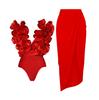 Solid Red Flower One Piece Swimsuit Luxury Women Swimwear Sexy Swim Suit Deep V Monokini Off Shoulder Bodysuit Bathingsuit