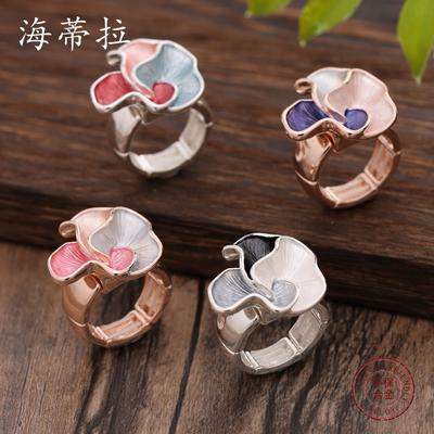 Color Painting Oil Geometric Petal Stretch Ring Fashion Versatile Ladies Flower Alloy Diamond