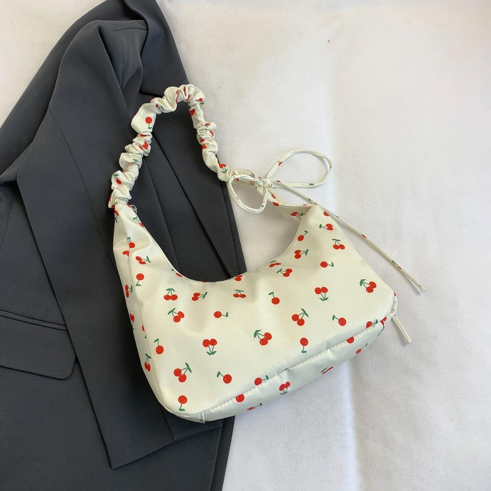 Cute Strawberry Printing Tote Bag Sweet Cherry Underarm Bag Portable Drawstring Shoulder Bag Girls