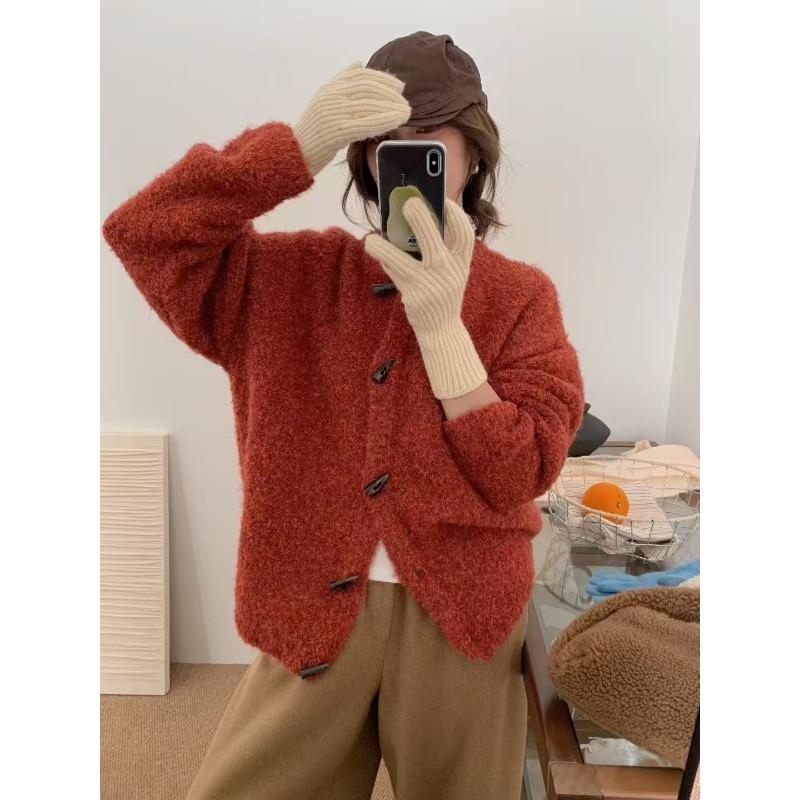 Circle yarn sweater jacket women's autumn and winter new lazy style loose retro horn buckle knitted cardigan