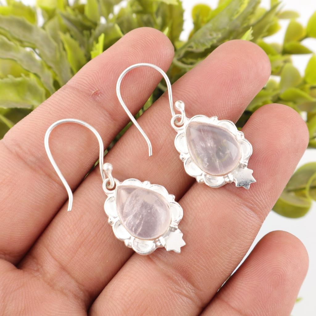 Rose Quartz Gemstone 925 Sterling Silver Earrings Handmade Jewelry Wedding Gift EE-163-35
