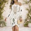 Women Plus Size Chain Strap Cold Shoulder Long Sleeve Printed Irregular Hem Bodycon Dress