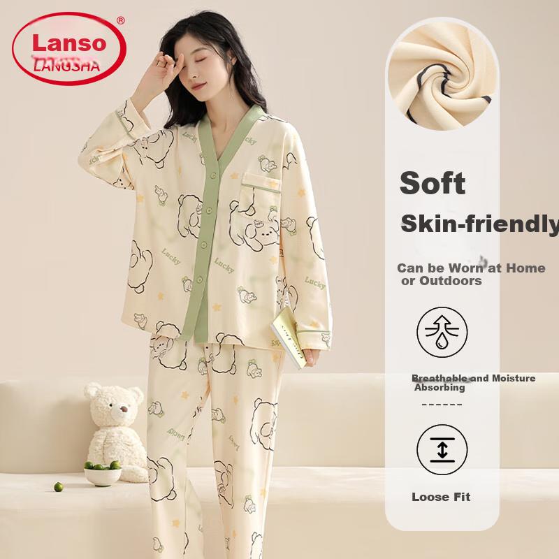 LangSha Women's Pajamas, Spring And Autumn Style, 2026 New Long-Sleeve Cardigan Set, Loose-Fitting Printed Ladies' Loungewear
