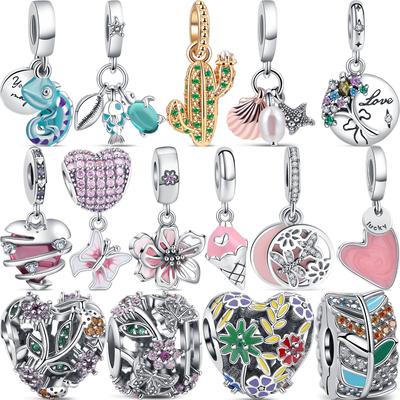 925 Silver Pearl Shell Cactus Chameleon Pink Butterfly Flower Heart Bead Fit Original  Charms Bracelet Necklaces Jewelry
