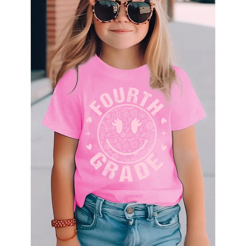 European Size Girls Round-neck Short-sleeved T-shirt with Smiling Face Pattern Print