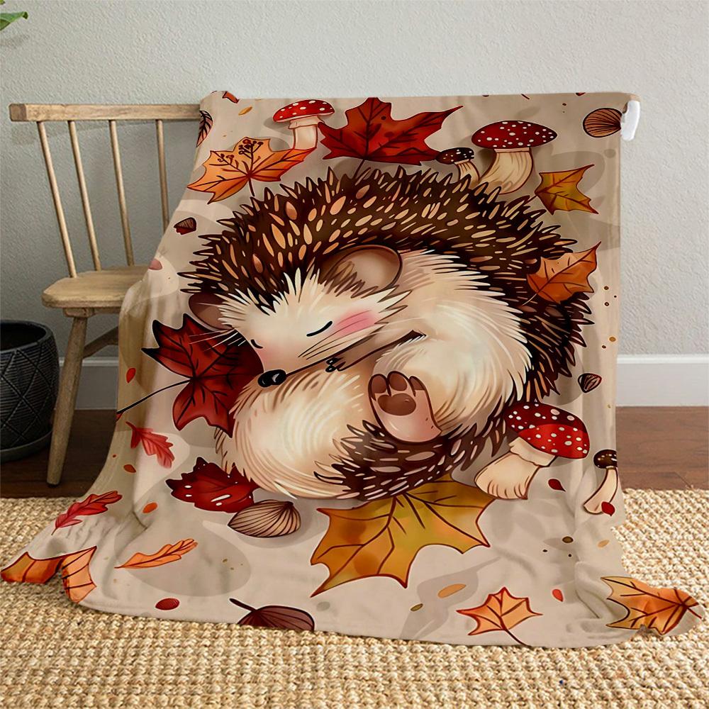1PC Hedgehog, AutumnOutdoor Flannel Blanket - Soft Plush Decor for Picnics, camping, Bedroom, Playroom, Office, or Lunch Break 1219A