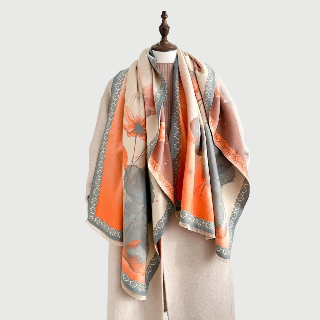 Winter Lotus Flower Style Artistic Scarf Retro Elegant Faux Cashmere Floral Women'S Warm Scarf Air Conditioner Shawls