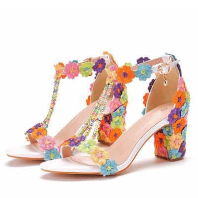 Liyke - Sandalias de verano con tacón alto y cuadrado bajo con flores de colores combinados, diseño de cuentas y cordones, cómodas y abiertas, para mujer, para fiesta y vestir