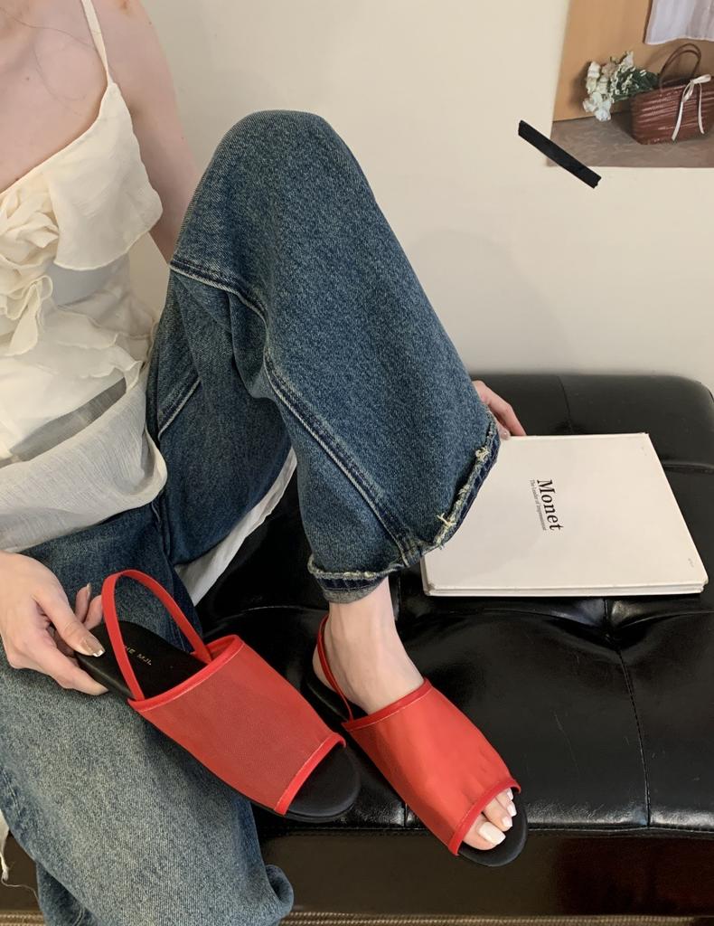 Mesh Breathable Flat-soled Sandals Women's One-word Broadband Leather One-pedal Rear Strap Open-toed Roman Shoes Half Slippers Summer