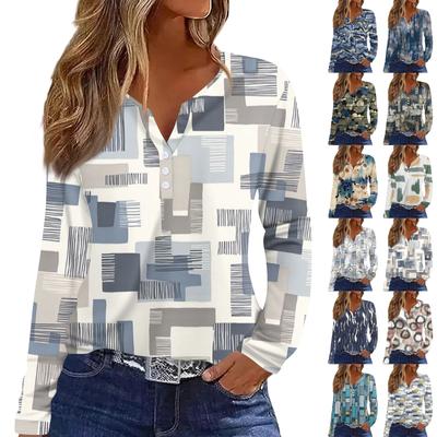 Dámské tričko Tričko Knoflíček Dlouhý rukáv Denní víkendová móda Basic Top s výstřihem do V