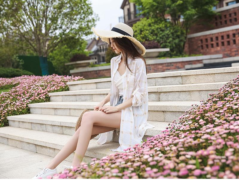 2024 Korean Style Women's Mid-Length Plaid Sunscreen Shirt - Lightweight Summer Jacket
