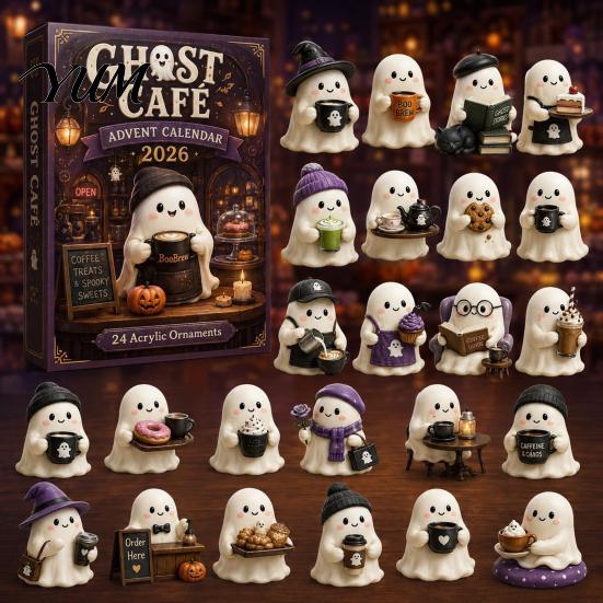 Retro Gift Box Packaging Halloween Advent Calendar, 24-Day Acrylic Ghost Figure Countdown Set Calendar with Diverse Themes, Cute Desk Decor,