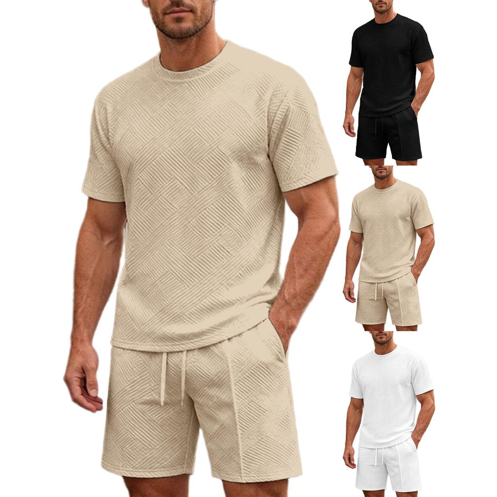 Men's Summer Crew Neck T-Shirt and Shorts Set Two-Piece Casual Sportswear Lightweight Breathable Fabric Suitable for Outdoor Activities