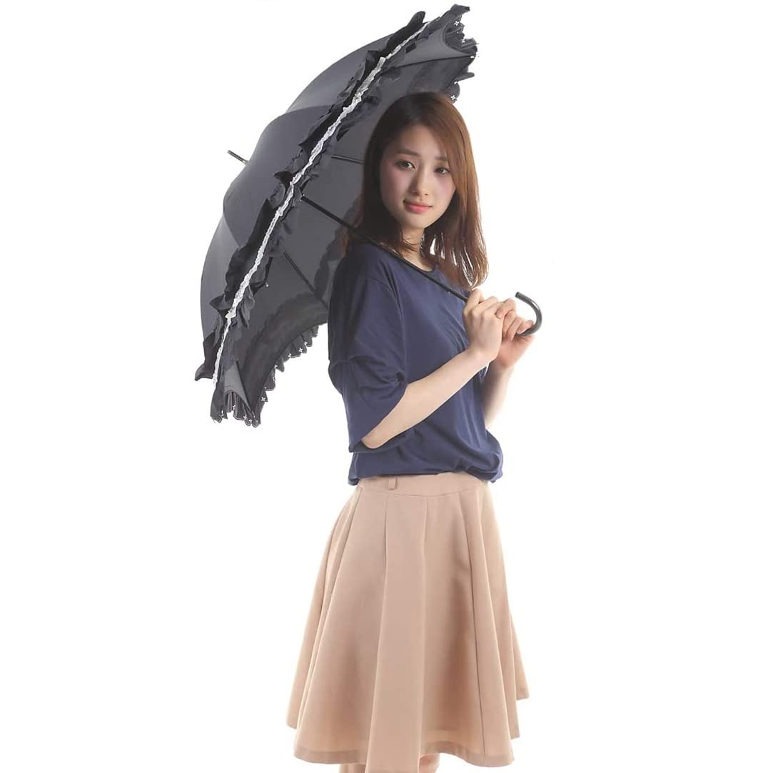 

Зонт от солнца с защитой от УФ-лучей и кружевом 50 см, двухъярусные оборки, отделка терморезкой, детали, (черный) чёрный