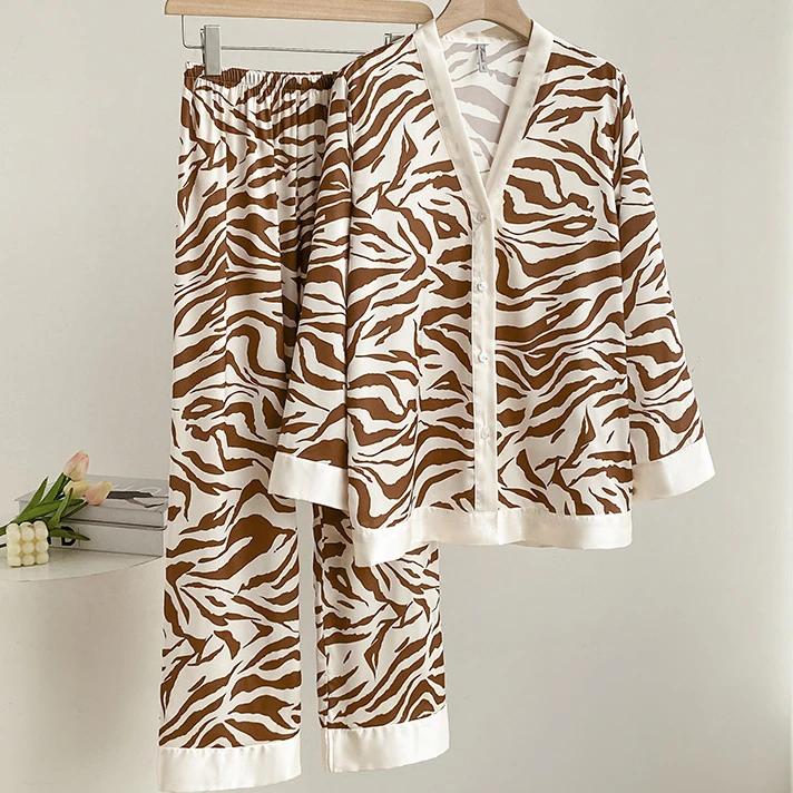 Printed Satin Pajamas Women's 2-piece Pajama Set Long-sleeved Trousers Pajama Set Loose Casual Home Wear Pajamas Casual Wear