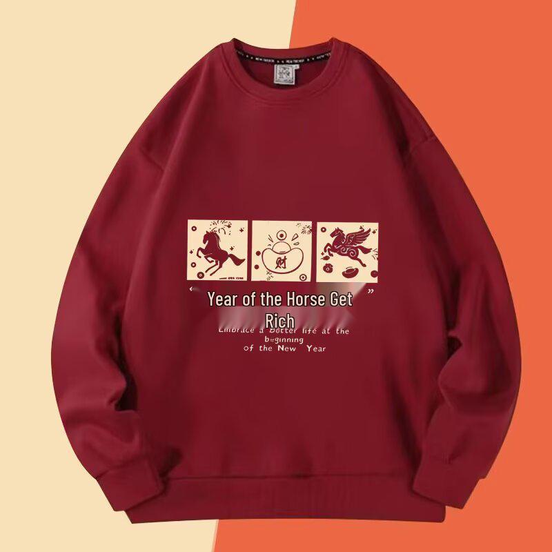 Felpa con cappuccio unisex in velluto rosso vino Anno del Cavallo: Stile Cinese Autunno/Inverno Ispirato allo Zodiaco