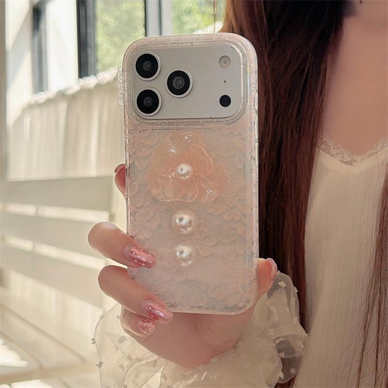 

Elegant Lace 3D Pearl Flower Phone Case for iPhone 17/16 Pro Max/15/14 iPhone 14 Pro