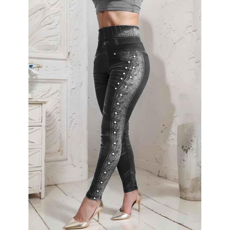 Beaded Denim-Look Studded Leggings 20005 Cross-Border