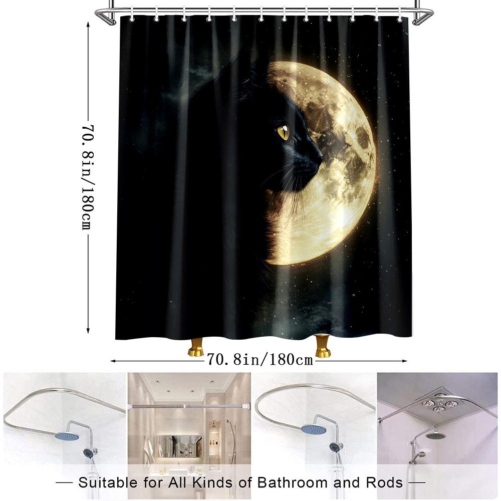1Pc Black Cat Full Moon Shower Curtain - Enchanting Polyester Fabric With Starry Night Design, Includes 12 Hooks, 70. 8X70. 8 In