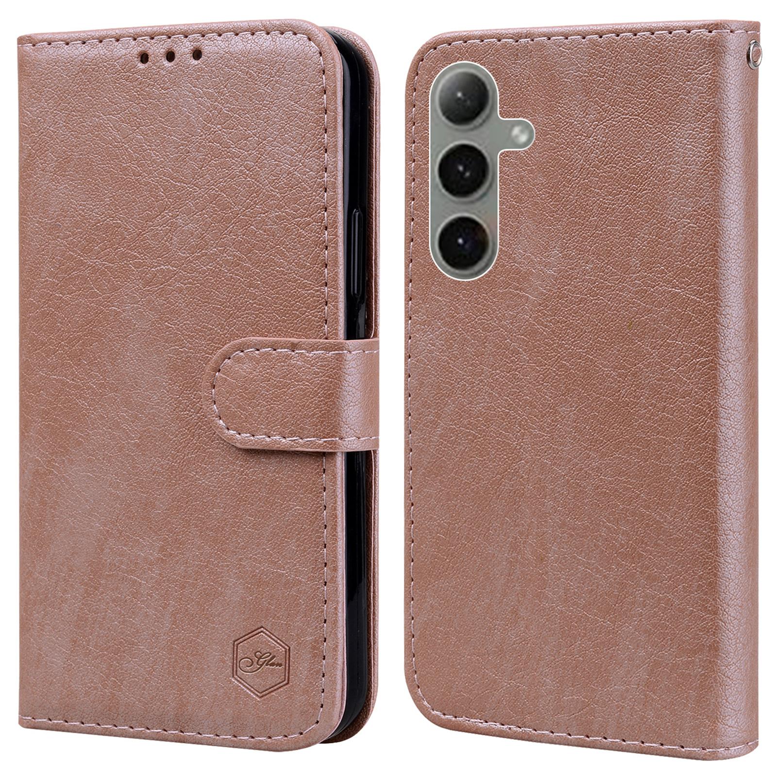 

For Samsung Galaxy S24 FE Case Solid Color Leather Folding Stand Wallet Leather Phone Cover Champagne