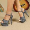 Eilyken Summer Design Denim Buckle Strap Women Sandals Fashion Open Toe Stiletto High Heels Nightclub Stripper Shoes