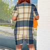 Women Plus Size Brown Blue Plaid Printed Round Neck Short Sleeve Top And Fitted Shorts Two Piece Set