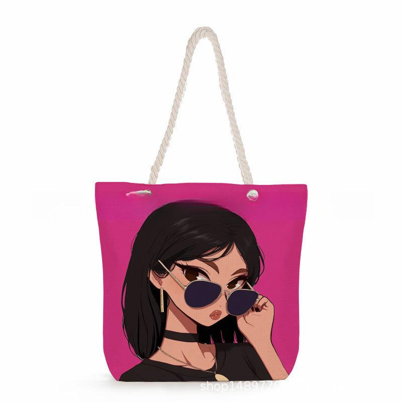

Multifunctional Black girl Printed Thick Rope Shoulder Beach Bag Casual large capacity handbag 0240 KTB